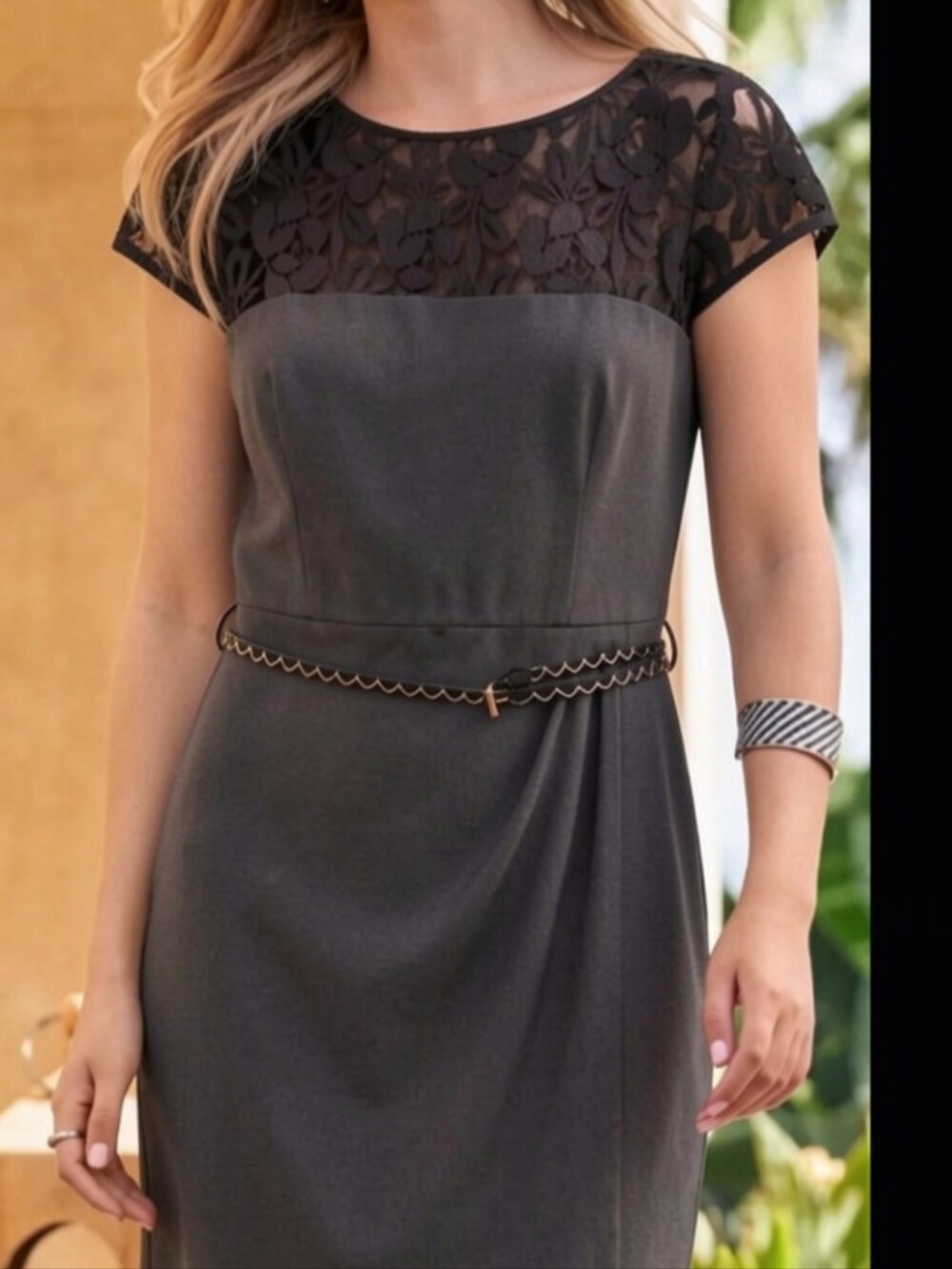 Jones Wear Dress Grey With Black Lace Yoke Midi Sheath Dress. NWT. Size 12